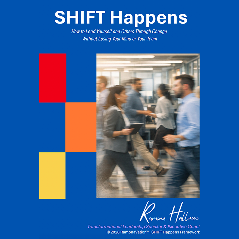 Book cover for SHIFT Happens: How to Lead Yourself and Others Through Change, featuring a blurred office scene and colorful left blocks on a blue background, with Ramona Hallman’s signature.